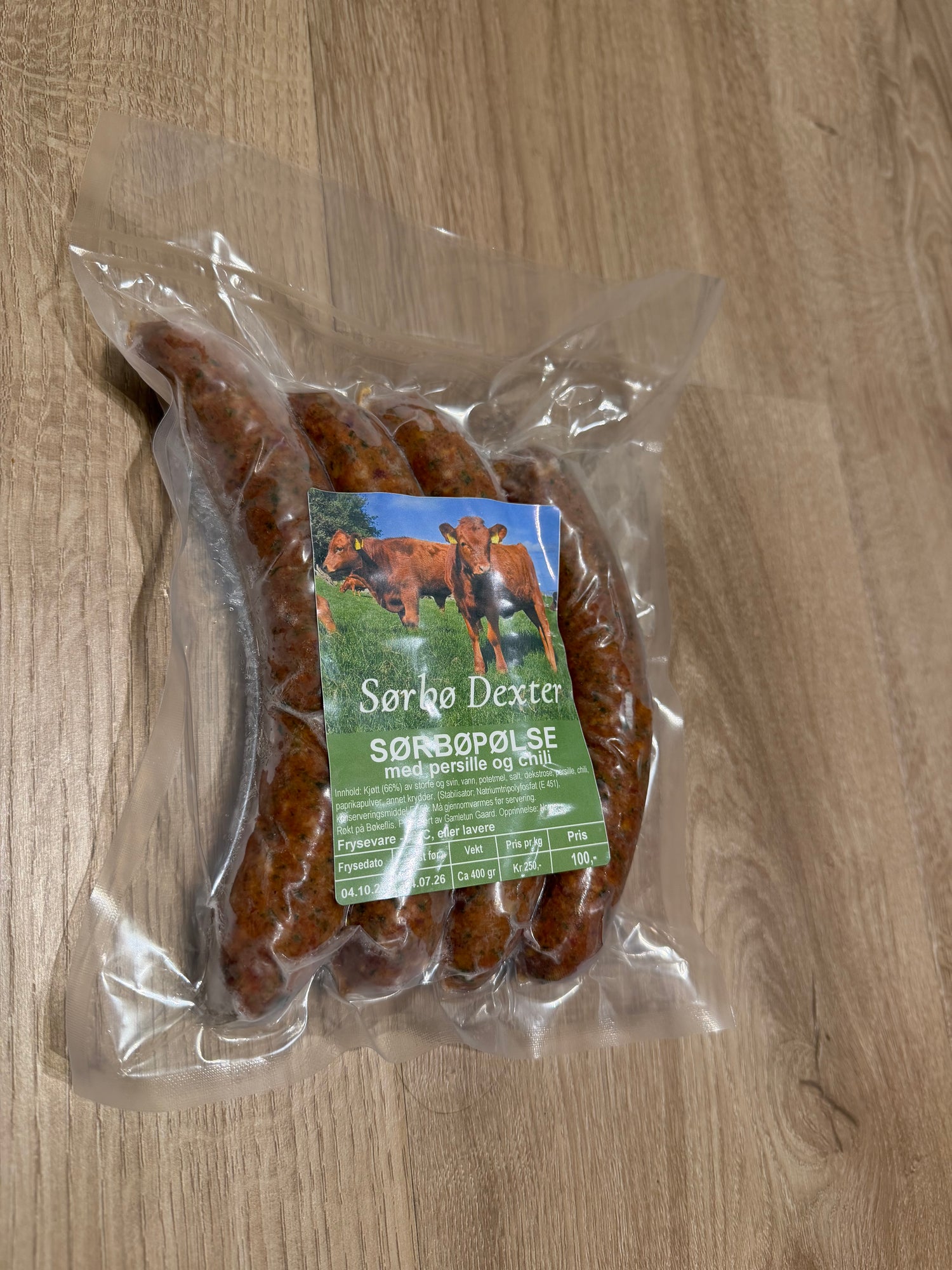Pølse (chilli og persille) (fryst) 100kr/stk